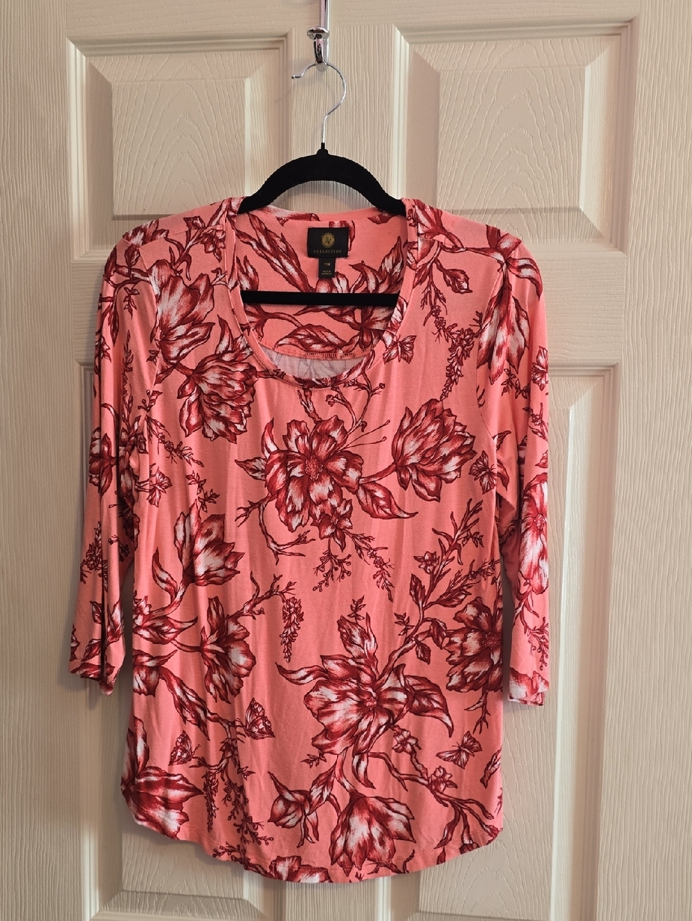 JM Collection Coral Pink Floral Long-Sleeve Scoop Neck Top